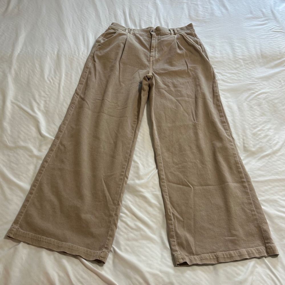 American Eagle Tan Khaki High Waisted Wide Leg Pleated Trousers Stretch Pants 12